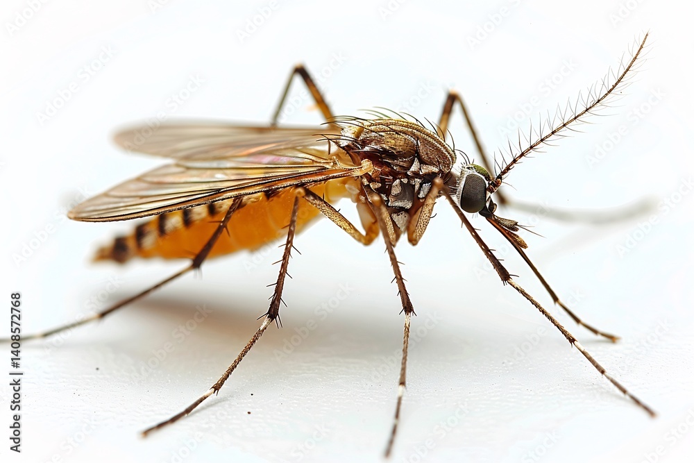 Fototapeta premium Mosquito flying long slender legs dangling transparent wings vibrating detailed body structure isolated on a white background