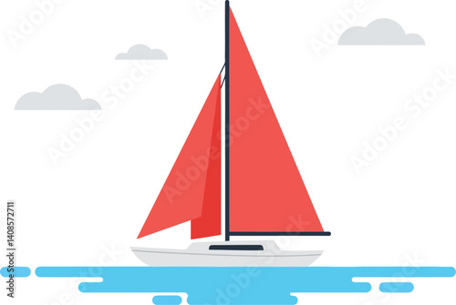 Red sailboat gliding across calm blue waters in a minimal flat vector illustration