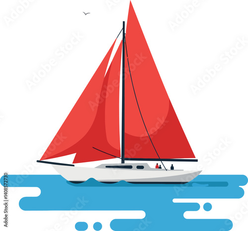 Sailing boat with red sails gliding across calm blue water in flat vector art