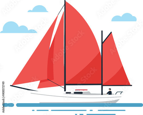 Sailboat with red sails gliding across calm waters in a minimalist vector illustration
