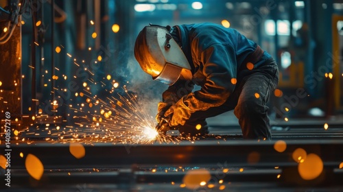Steelworker welding metal at a construction site. Featuring skill and focus