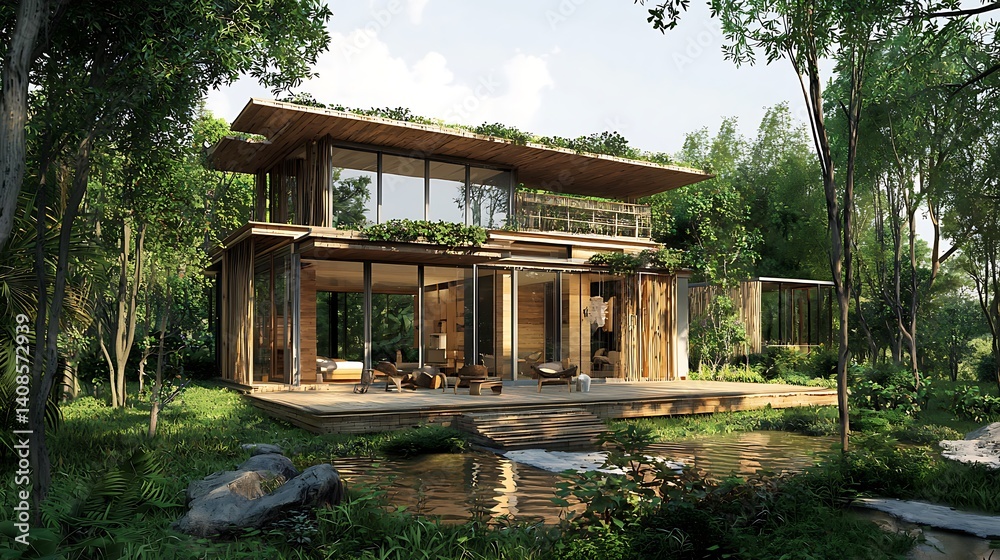 Modern Eco-Friendly House Surrounded by Lush Greenery and Water Modern Eco-Friendly House Surrounded by Lush Greenery and Water