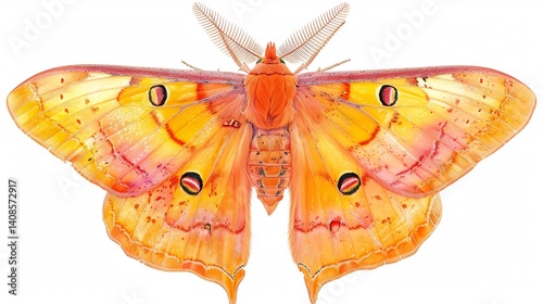 Moth flapping velvety wings warm toned patterns detailed soft motion blur effect isolated on a white background