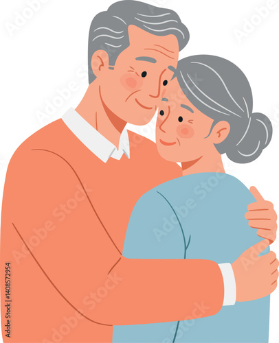 Elderly couple embracing warmly in a flat style vector illustration showcasing love and companionship