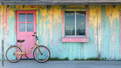 A weathered colorful building with a bicycle outside the doorway