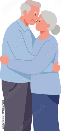 Elderly couple embracing each other in a warm and loving manner, flat vector art