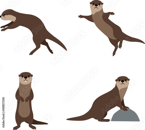 Playful otters in various poses featuring flat design style vector art