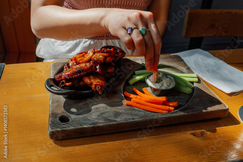 Canvas Print woman dipping carrot into ranch dip on platter with buffalo chicken wings