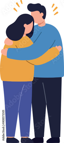 A couple embracing joyfully in a warm and colorful flat vector illustration