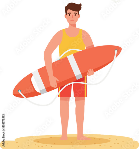 Young lifeguard standing on sandy beach holding a surfboard in flat vector art