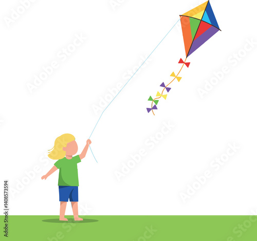 A cheerful child with blonde hair flying a colorful kite in a vibrant flat vector illustration