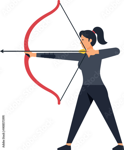 Archer aiming with a red bow in a flat vector illustration style showcasing focus and determination
