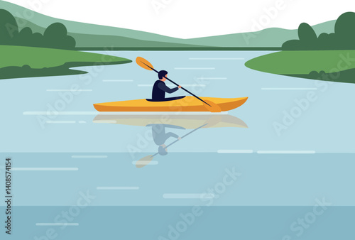 Kayaker paddling on serene waters with lush green hills in a minimal vector illustration