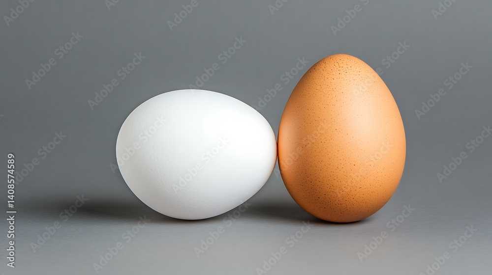 White and Brown Eggs on Grey Background: Fresh Natural Food White and Brown Eggs on Grey Background: Fresh Natural Food