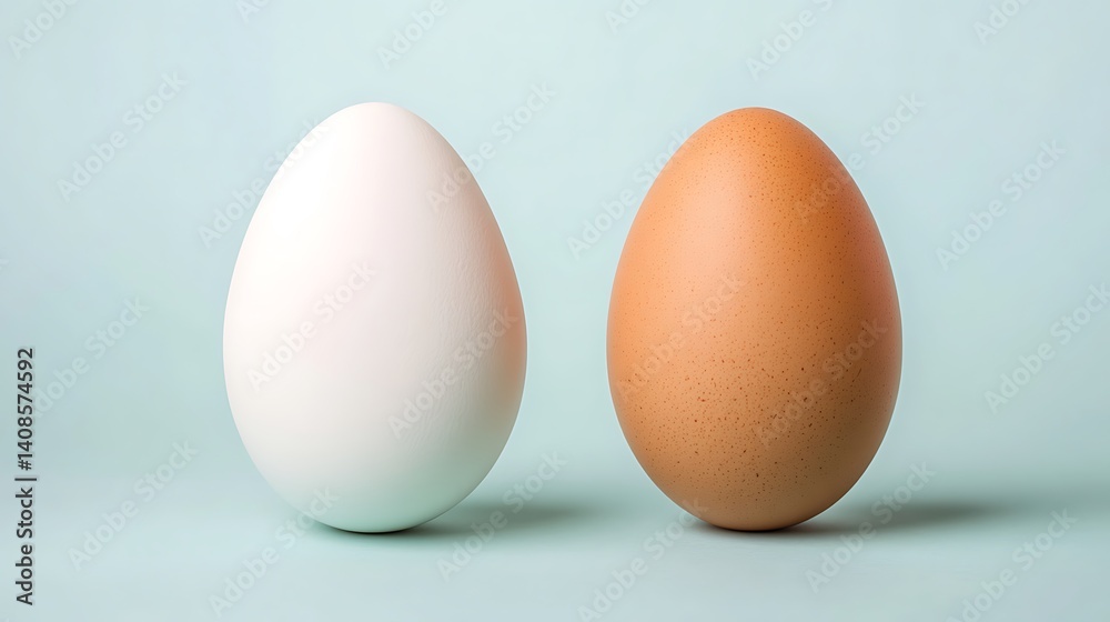 White and Brown Eggs on a Soft Blue Background for Culinary Design White and Brown Eggs on a Soft Blue Background for Culinary Design