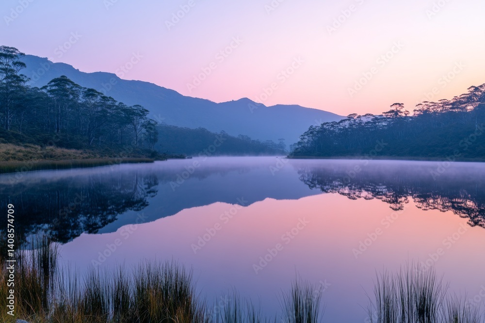 Fototapeta premium Serene mountain lake at sunset with clear reflection on water