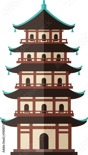 Traditional multi-tiered pagoda with intricate details in flat design vector art