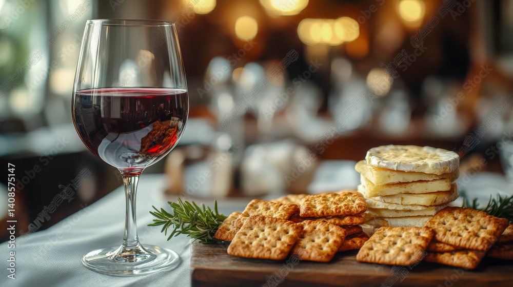 Enjoying red wine with gourmet crackers and cheese in an elegant dining setting Enjoying red wine with gourmet crackers and cheese in an elegant dining setting