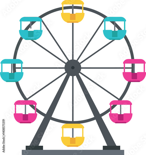 Colorful Ferris wheel in flat design style showcasing vibrant cabins, vector illustration