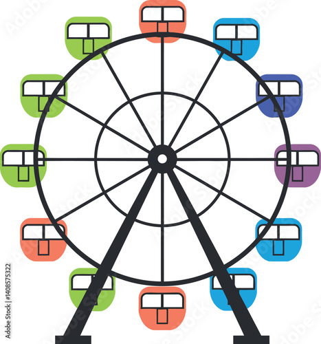 Colorful Ferris wheel in flat design style showcasing vibrant cabins vector art