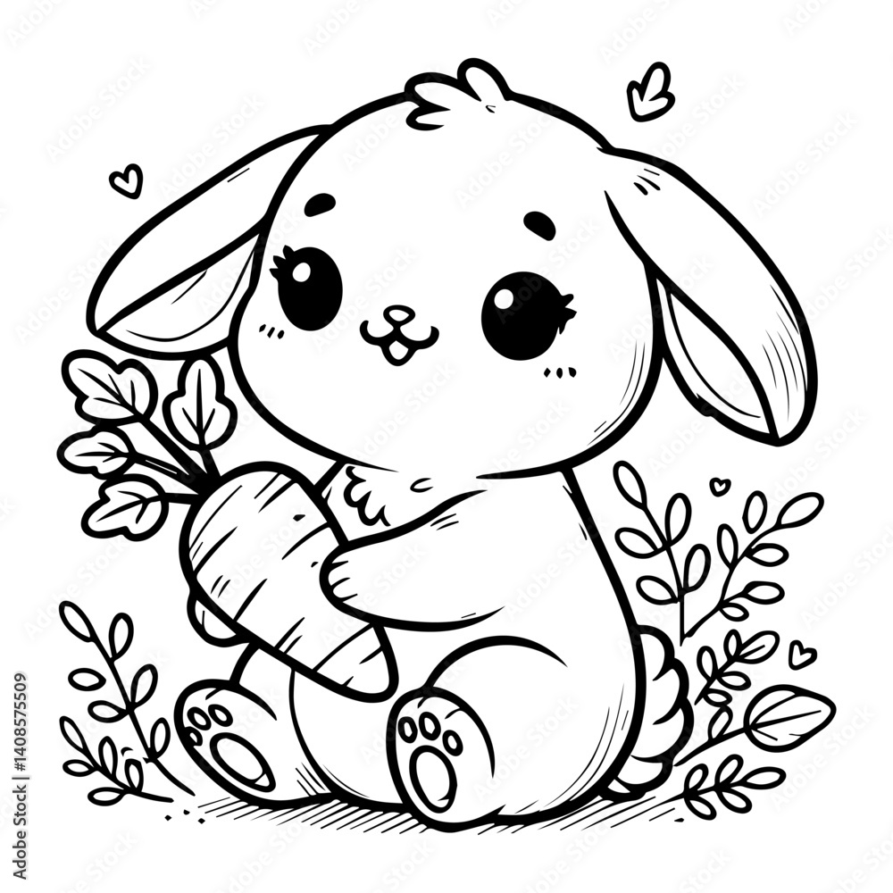 Fototapeta premium Cute Bunny Holding Carrot. Adorable Cartoon Rabbit with Plants