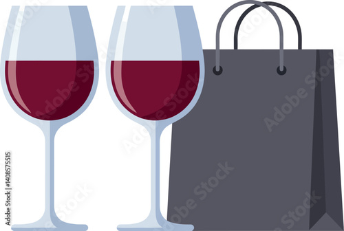 Two elegant wine glasses with red wine beside a sleek shopping bag in minimal vector art
