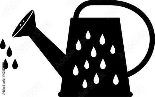 Black watering can with water droplets in minimal flat vector art