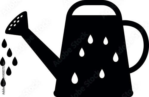 Black watering can pouring water in a minimalistic flat vector illustration