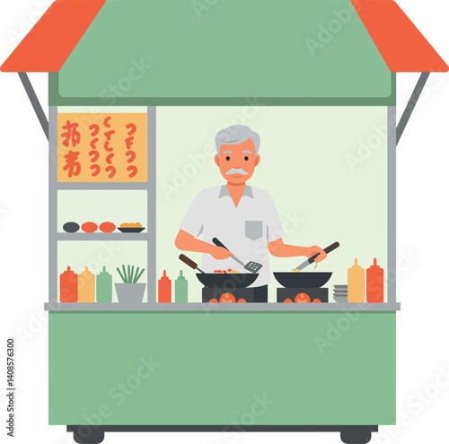 Elderly man cooking at a colorful food stall in flat vector art