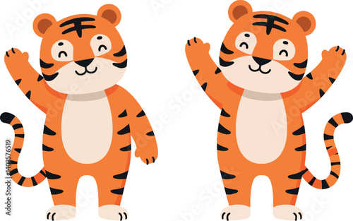 Two cheerful cartoon tigers waving hello in a minimal flat design vector art