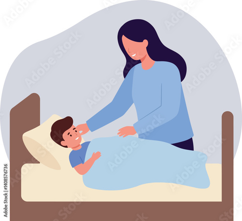 Caring mother tucking in her son at bedtime in a cozy flat vector illustration