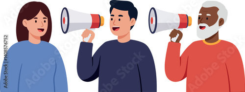 Three diverse individuals using megaphones in a flat, colorful vector illustration