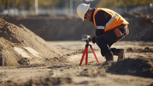 Land surveyor marking boundaries for a commercial development site. Featuring precision and site planning