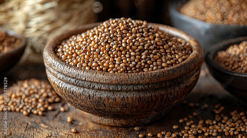 Brown Mustard Seeds in Wooden Bowl on Table Brown Mustard Seeds in Wooden Bowl on Table