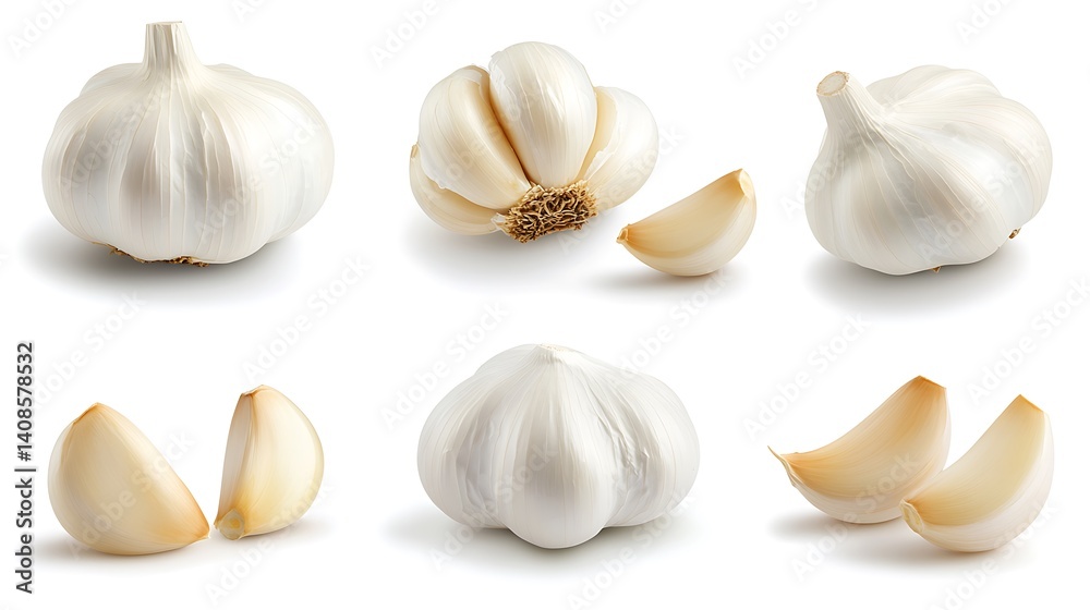 Fototapeta premium Fresh Garlic Cloves and Bulbs with a Bright White Background