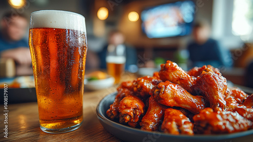 Enjoying buffalo chicken wings with a cold beer in a lively bar atmosphere