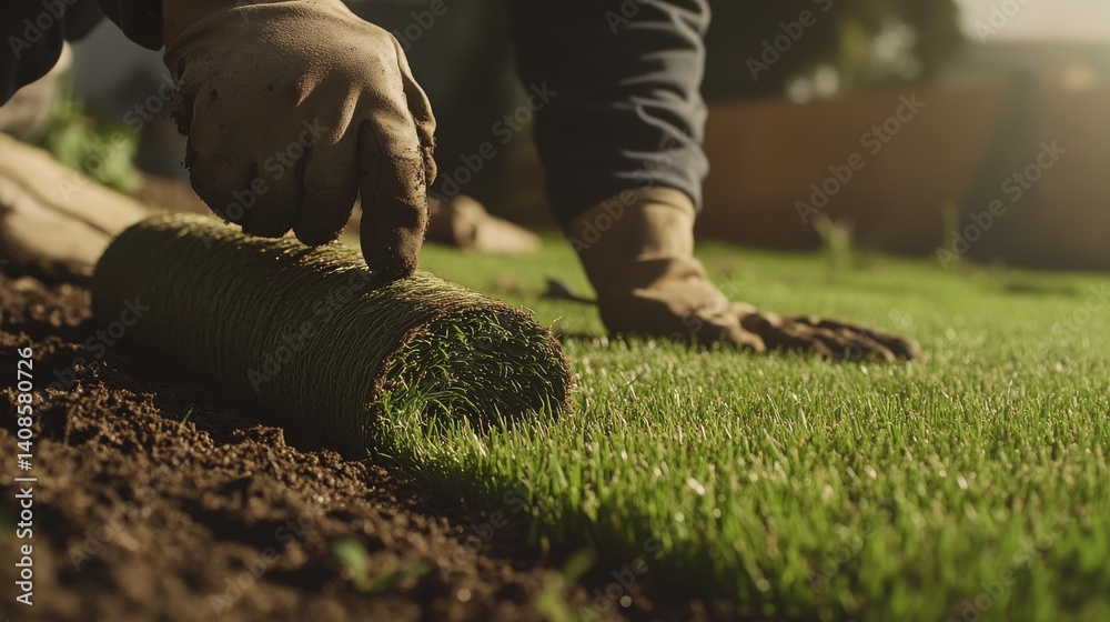 Landscaper laying sod for a new residential lawn installation. Featuring growth and maintenance Landscaper laying sod for a new residential lawn installation. Featuring growth and maintenance