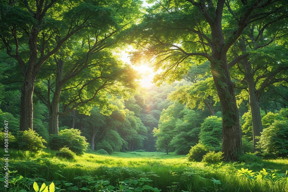Obraz premium Vibrant Summer Forest Background with Lush Green Trees Sunlight and Rich Foliage