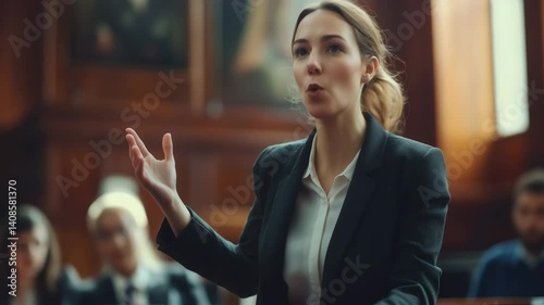Passionate female lawyer speaking in courtroom — legal argument and defense concept
