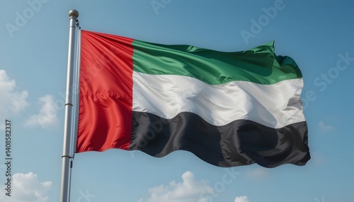 United Arab Emirates flag blowing in the wind on a flagpole