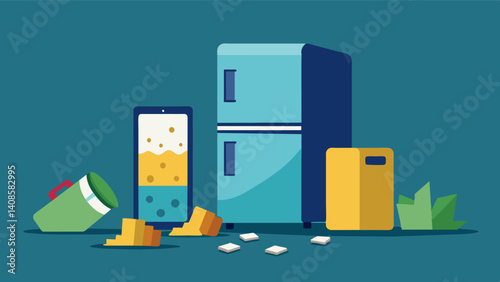The hum of refrigerators quiet as their once full contents have been depleted leaving behind only a tering of lonely stray pieces.. Vector illustration