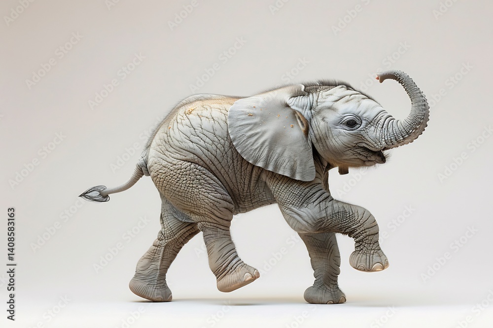 Fototapeta premium Playful baby elephant running ears flapping tiny trunk swinging joyful expression isolated on a white background