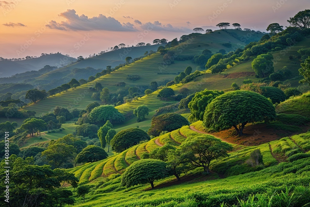 Naklejka premium Vibrant Hill Landscape with Abundant Trees and Lush Vegetation at Dusk