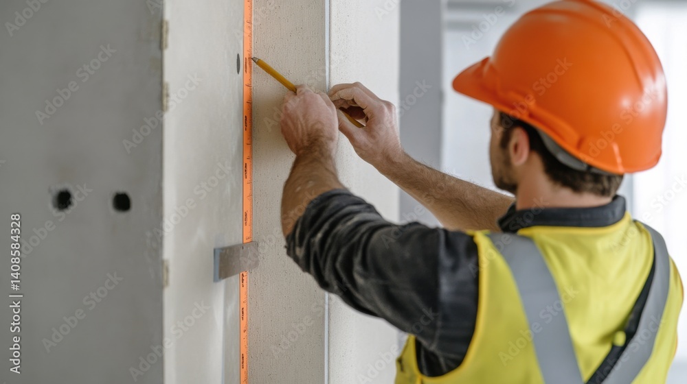 A construction worker measuring and marking a wall for drywall installation. Featuring accuracy and planning A construction worker measuring and marking a wall for drywall installation. Featuring accuracy and planning