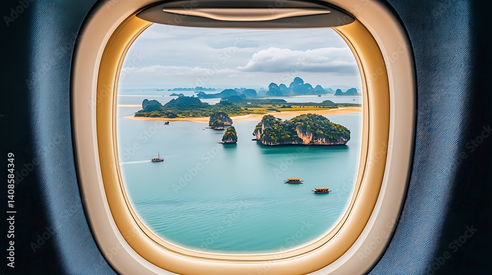 Fototapeta premium Breathtaking View of Islands from Airplane Window, Scenic Landscape