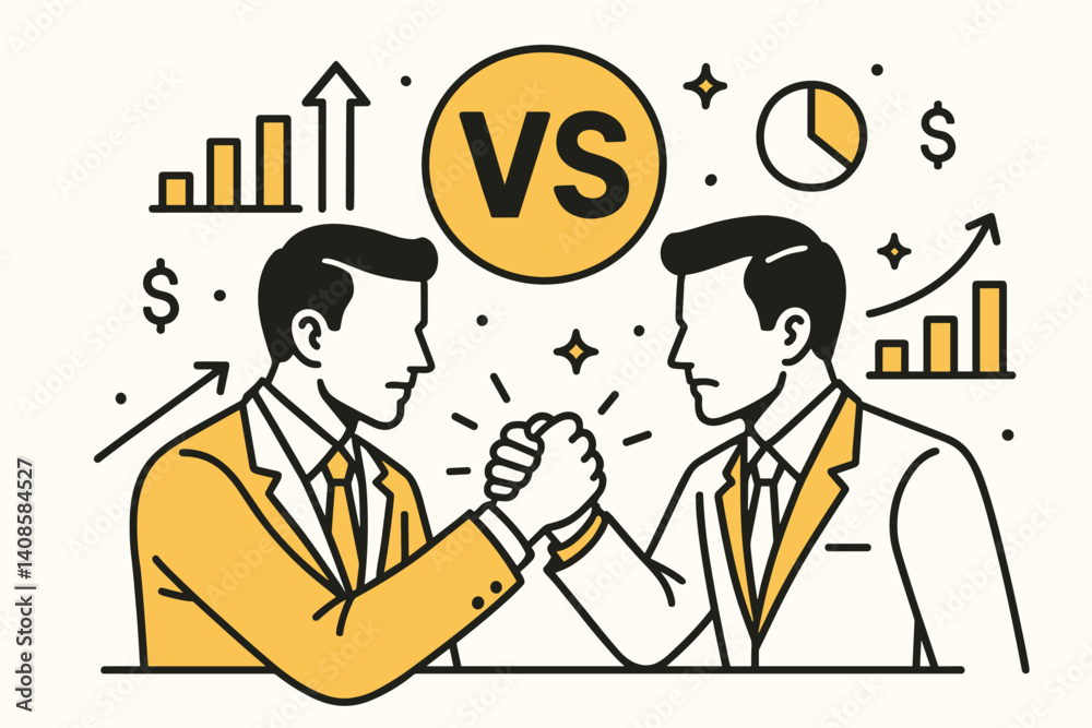 Business rivalry. Modern flat line art illustration. Trendy outline vector graphic elements. Creative concept. Black and yellow colors isolated on white background Business rivalry. Modern flat line art illustration. Trendy outline vector graphic elements. Creative concept. Black and yellow colors isolated on white background