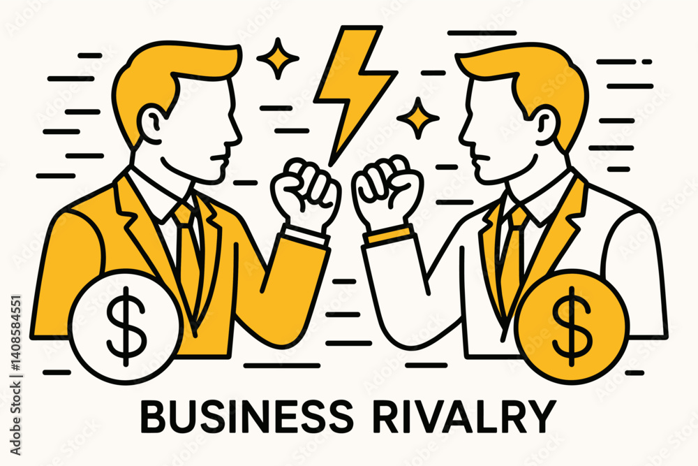 Business rivalry. Modern flat line art illustration. Trendy outline vector graphic elements. Creative concept. Black and yellow colors isolated on white background Business rivalry. Modern flat line art illustration. Trendy outline vector graphic elements. Creative concept. Black and yellow colors isolated on white background