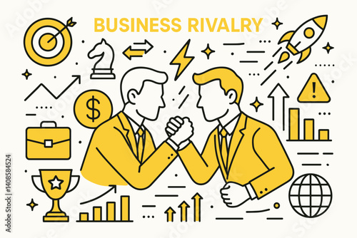 Business rivalry. Modern flat line art illustration. Trendy outline vector graphic elements. Creative concept. Black and yellow colors isolated on white background