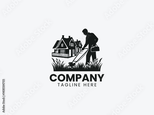 Gardener Silhouette Cutting Grass Residential Area Vector Logo Design