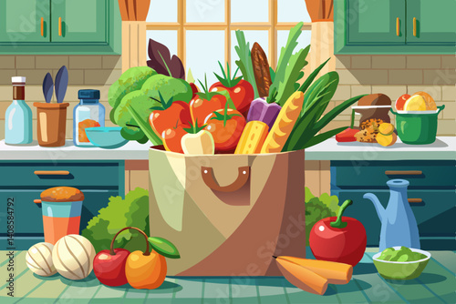 vector of Isolated organic grocery bag full of fresh produce, kitchen table food photography with natural light healthy living concept